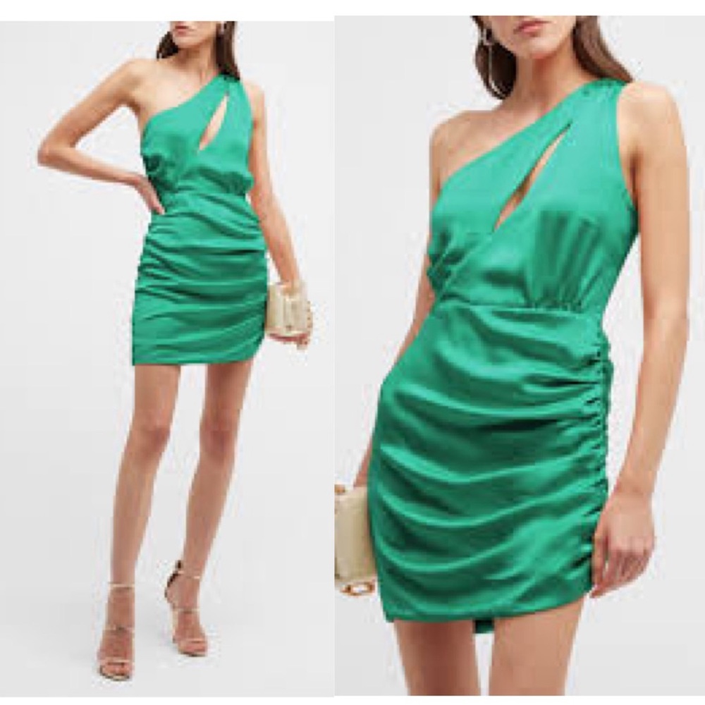 RAMY BROOK Madison One Shoulder Cutout Satin Mini Dress Jade Green NWT $495 SZ 8